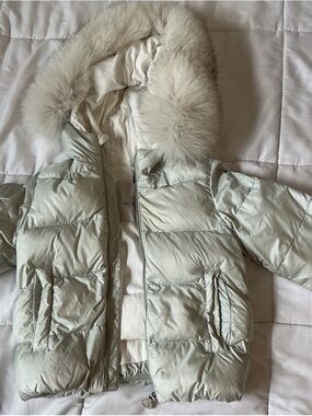Moncler Kids Light Silver Puffer Jacket with Fur-Trim Hood